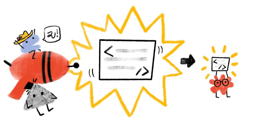 Hero image of Web Almanac characters using a ray gun to shrink an HTML page to make it much smaller.